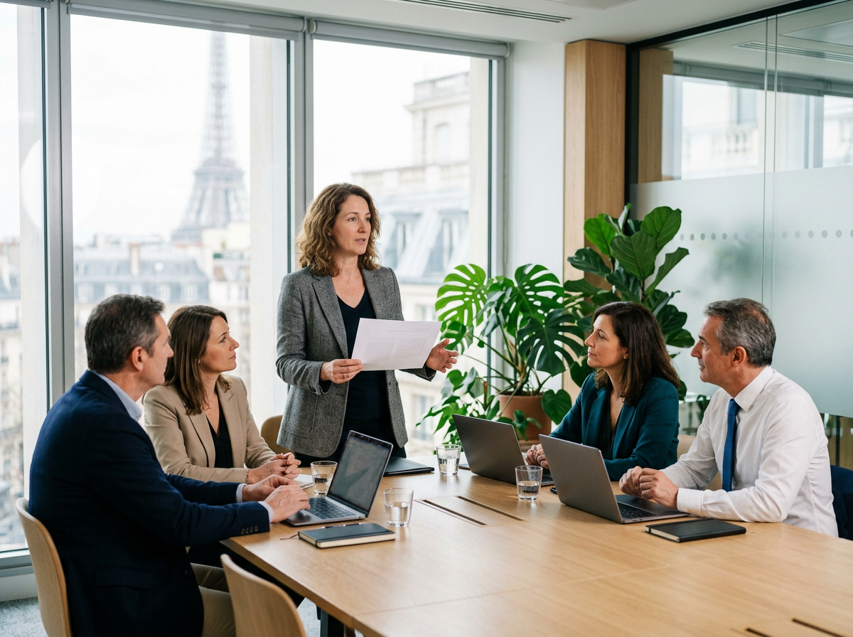 Une responsable présente une feuille unique à un comité exécutif réuni autour d'une table